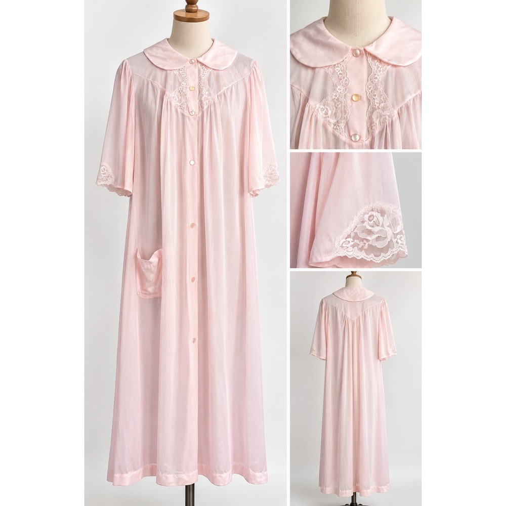 Nancy King Lingerie Vintage Pink Nylon Satin Lace Button Front Robe Nightgown